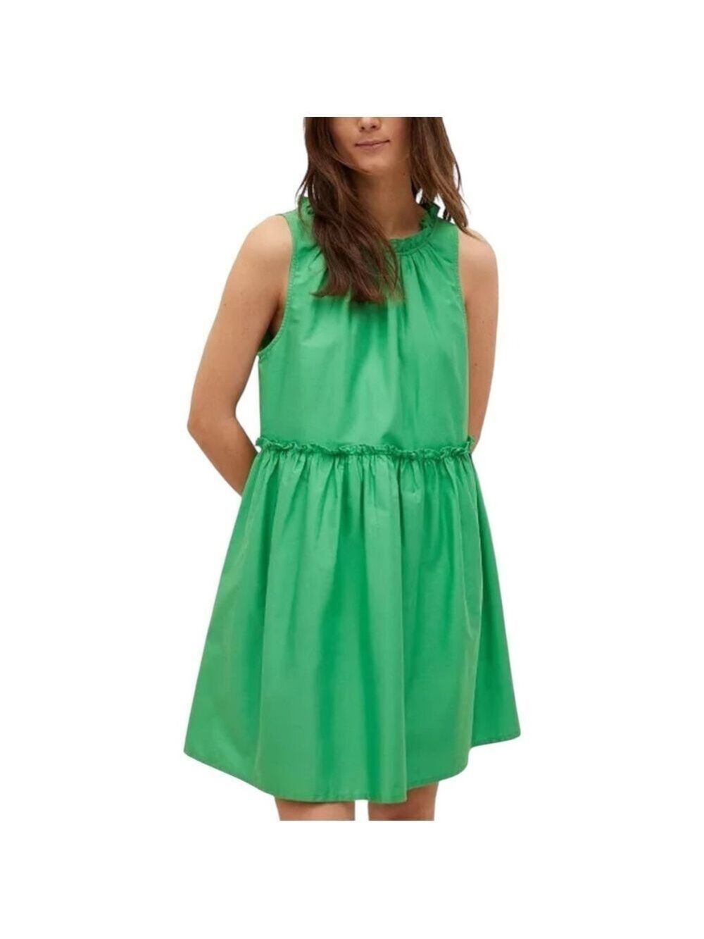 MANGO Women's Gathered Details Babydoll Cotton Dress Green lined Sz 10
